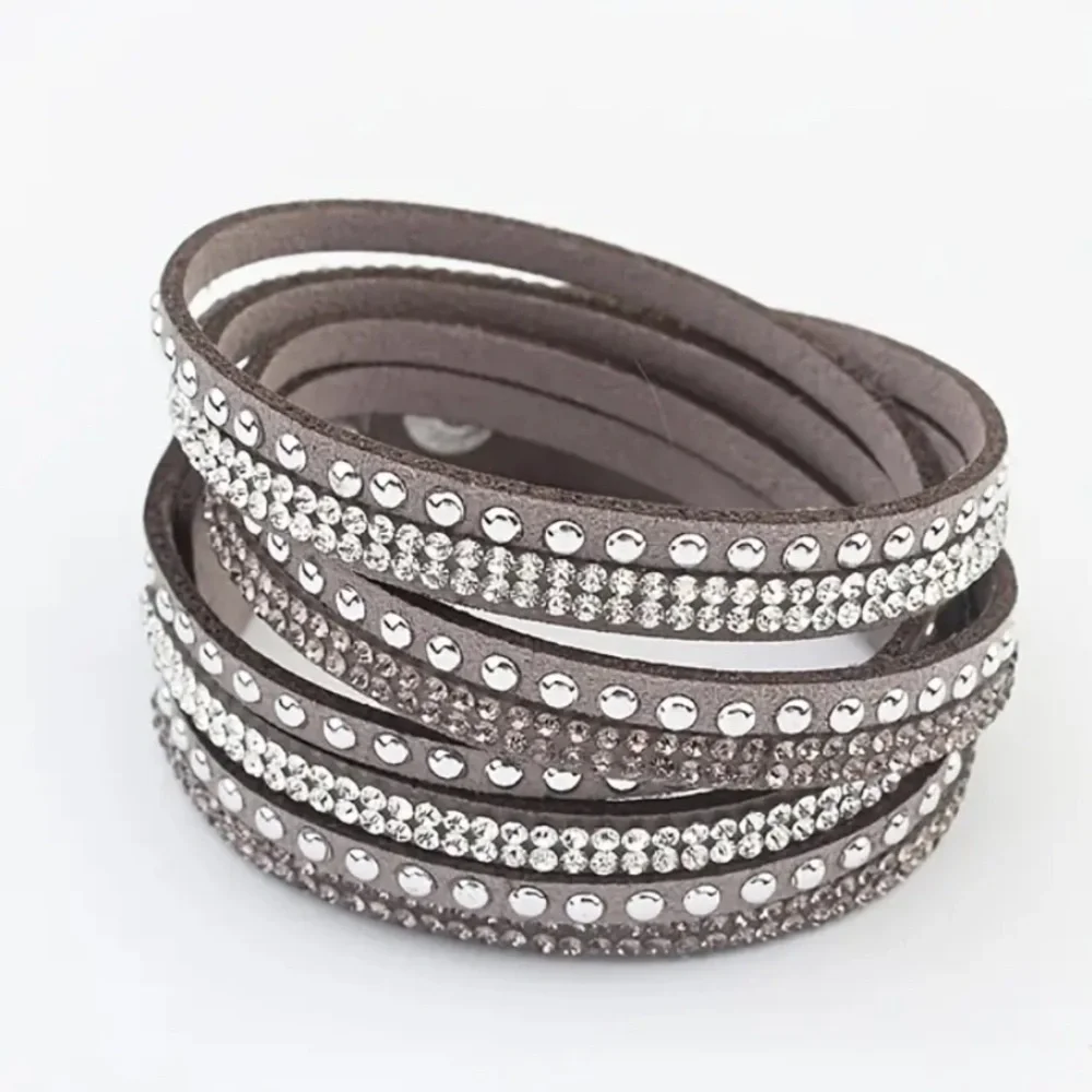 1 Pc Multilayer Woven PU Leather Rhinestone Studded Bracelet in GREY - Picture 1 of 3